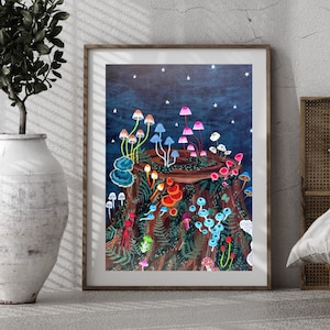 Mushy Mushy Night Wall Art, Magic Mushroom Wall Decor, Shroomy Botanical Art Print, Fungi Floral Print On Canvas, UNFRAMED CANVAS