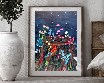 Mushy Mushy Night Wall Art, Magic Mushroom Wall Decor, Shroomy Botanical Art Print, Fungi Floral Print On Canvas, UNFRAMED CANVAS