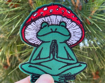Zen Frog Patch, Meditation Mushroom Patch, Iron On Patch, Meditating Frog and Mushroom Embroidered Applique