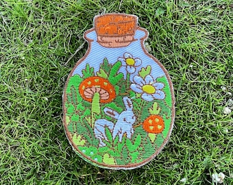 Enchanted Forest Iron On Patch, Botanical Embroidered Patch, Cute Mushroom & Bunny Embroidered Applique