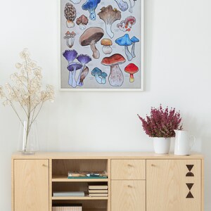 Poster, offered in various sizes, picturing a watercolor drawing of 18 different kinds of mushrooms, along with their names. Also painted into the picture are a snail and a butterfly.