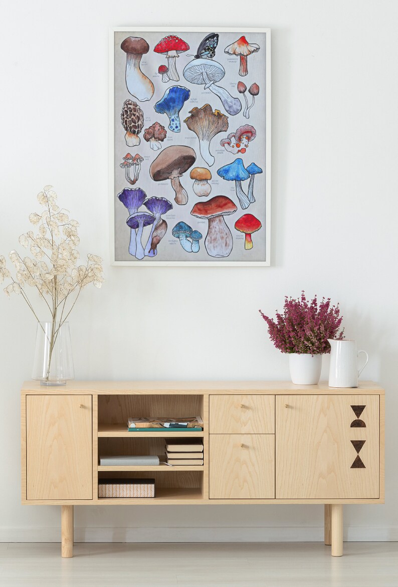 Poster, offered in various sizes, picturing a watercolor drawing of 18 different kinds of mushrooms, along with their names. Also painted into the picture are a snail and a butterfly.
