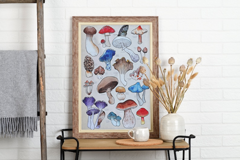 Poster, offered in various sizes, picturing a watercolor drawing of 18 different kinds of mushrooms, along with their names. Also painted into the picture are a snail and a butterfly.