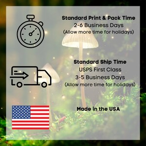 Printing and shipping times for the Mettashroom store. Standard print and pack is 2 to 6 days and standard shipping time via first class mail is 3 to 5 business days.