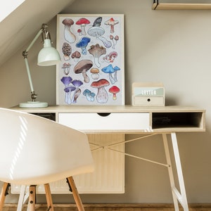 Poster, offered in various sizes, picturing a watercolor drawing of 18 different kinds of mushrooms, along with their names. Also painted into the picture are a snail and a butterfly.