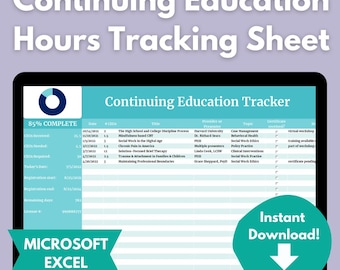 CEU Tracker | MICROSOFT EXCEL | Continuing Education Hours Digital Log for Social Workers, Nurses, Psychologists, Teachers, Accountants