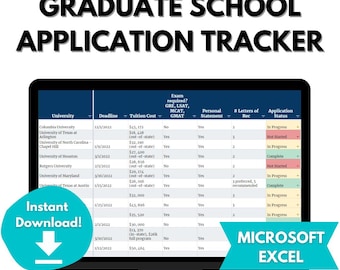 Graduate School Application Tracker, MICROSOFT EXCEL, Med School Masters Doctorate Ma PhD Law Application Planner, Grad School Spreadsheet