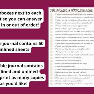 May include: A printable journal with a pink background and white text. The journal is titled "Self Care & Love Journal Prompts" and includes 25 prompts for self-reflection and self-care. The journal is designed to be filled out with checkboxes next to each prompt. The journal is available in both lined and unlined versions and is printable.