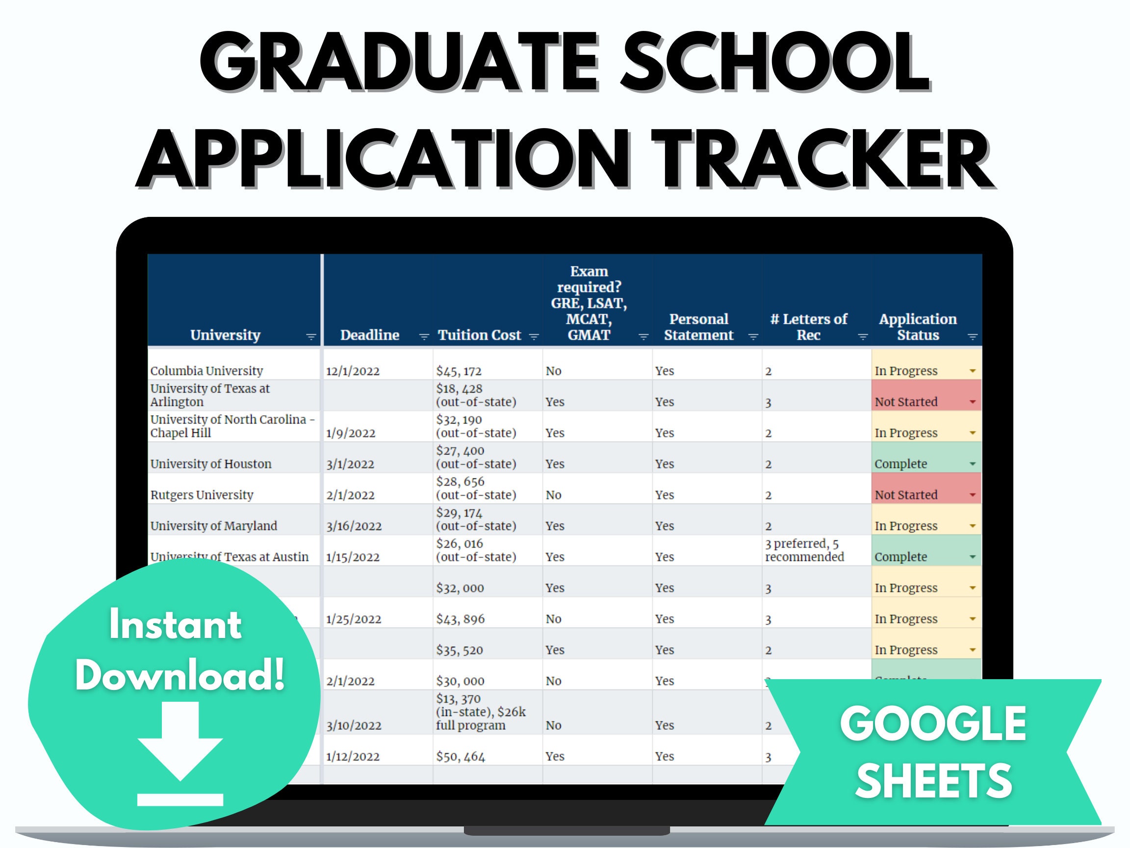 Graduate School Application Tracker GOOGLE SHEETS Med School graduate-school-application-tracker-google-sheets-med-school