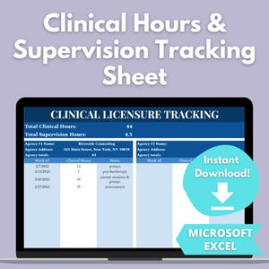 Clinical Supervision and Licensing Hours Tracker | MICROSOFT EXCEL | LCSW Hours Tracker | Internship Hour Tracker | Mental Health Counselor