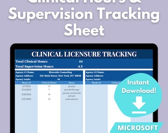Clinical Supervision and Licensing Hours Tracker | MICROSOFT EXCEL | LCSW Hours Tracker | Internship Hour Tracker | Mental Health Counselor
