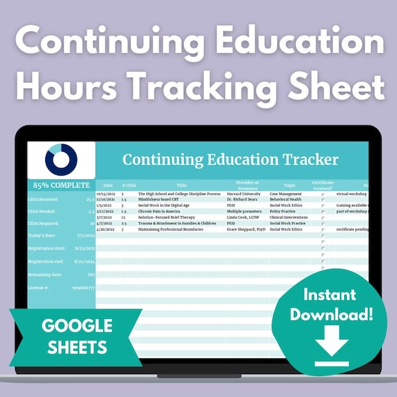 CEU Tracker | GOOGLE SHEETS | Continuing Education Hours Digital Log for Social Workers, Nurses, Psychologists, Teachers, Accountants, etc.
