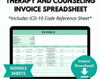Therapy and Counseling Invoice Template | GOOGLE SHEETS | Therapist Client Tracker | Client Patient Session Log Notes | Digital Fillable ICD