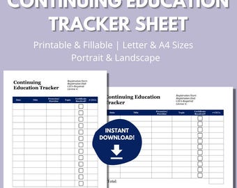 CEU Tracker Sheet | DIGITAL DOWNLOAD | Fillable & Printable | Continuing Education Hours Log | Social Workers Nurses Psychologists Teachers