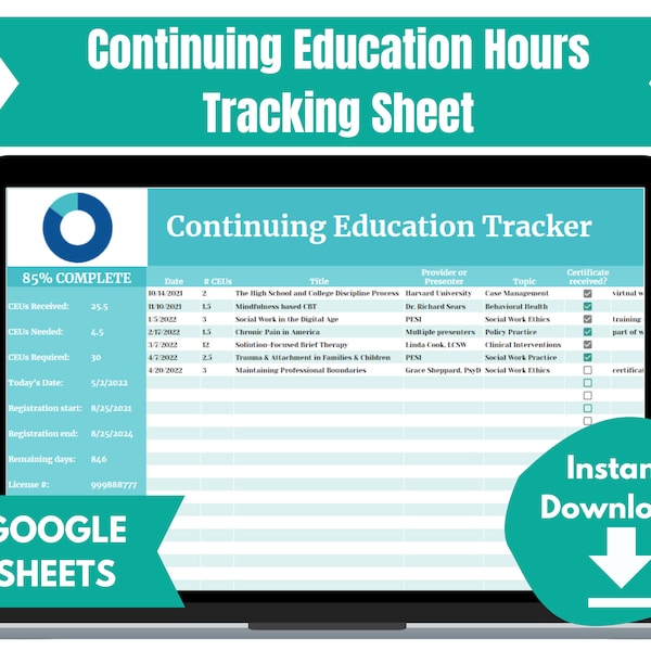 CEU Tracker | GOOGLE SHEETS | Continuing Education Hours Digital Log for Social Workers, Nurses, Psychologists, Teachers, Accountants, etc.