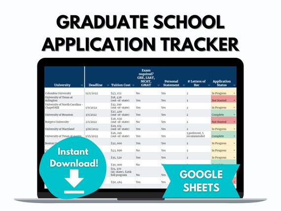 Graduate School Application Tracker | GOOGLE SHEETS | Med School Masters Doctorate Ma PhD Law Application Planner | Grad School Spreadsheet