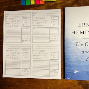 May include: A book review template with rating stars, a pen, and sticky notes. The template includes sections for plot, characters, ending, and writing. A yellow pen and colorful sticky notes are on top of the template. A book is on the right.