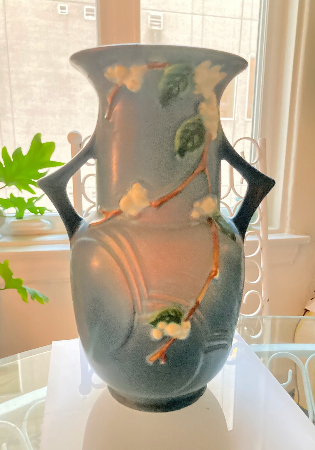 1940s Original Vintage Roseville Blue Snowberry Two Handled Large Vase