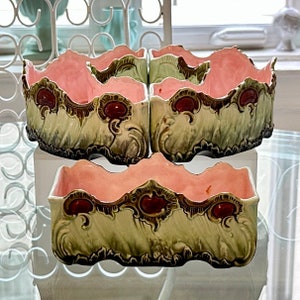 Antique French Majolica Barbotine Art Nouveau Jardiniere Ring Centerpiece Set/3 | Green | Pink | Wine Red Medallions | Faience