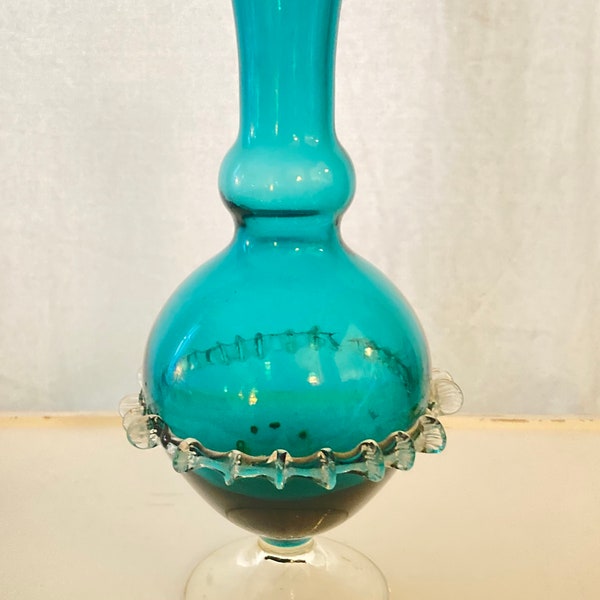 Vintage Mid Century Empoli Turquoise Blue Hand Blown Art Glass Footed Decanter Vase with Rigaree Detail | MCM | Murano | Italian Glass