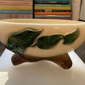 Vintage Royal Copley fotad elfenbensfärgad oval planteringsvas med gröna blad