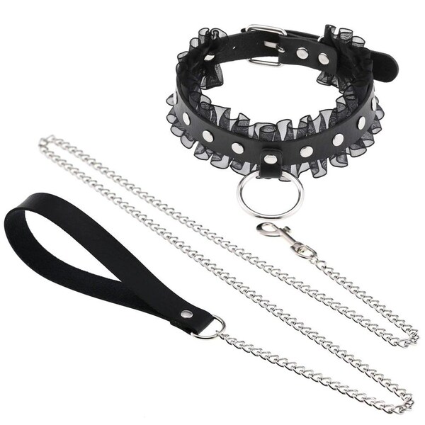 Punk Harajuku Lace Collar Hauling Chain PU Leather Choker Metal Ring Gothic Necklace Neck Accessories Adjustable Buckle