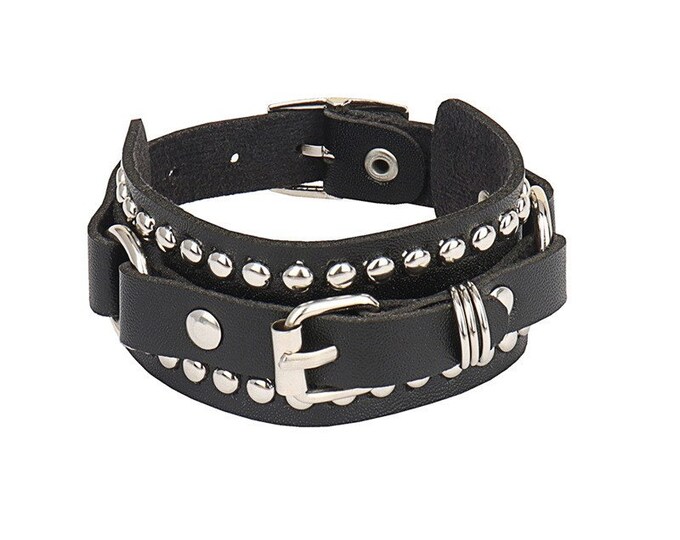 Punk Belt Rivet Leather Bracelet Personality Trendy Buckle Bracelet for Women and Men-Black