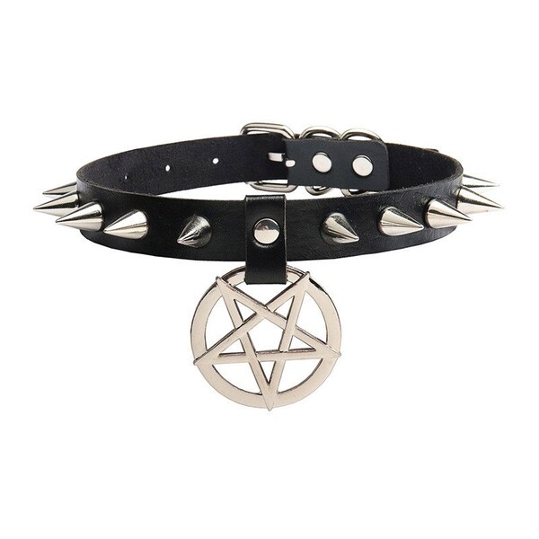 PU Simulated Leather Silvert-Tone Spikes Rivets Collar Choker Necklace Pentagram Star Belt Adjustable