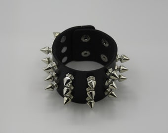 Unisex Black Metal Spike Studded Punk Rock Biker Wide Strap Leather Bracelet (5cm Wide - Spike Black)