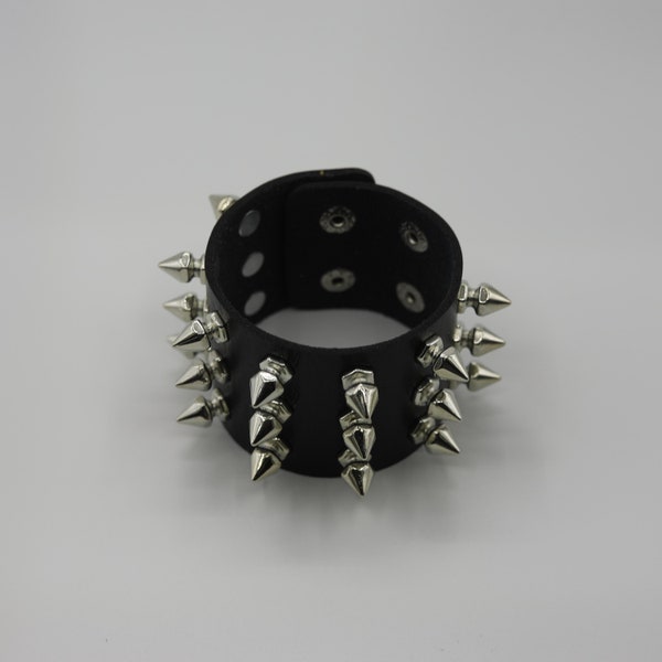 Unisex Black Metal Spike Studded Punk Rock Biker Wide Strap Leather Bracelet (5cm Wide - Spike Black)