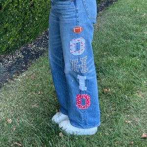 May include: Light blue denim jeans with the word "OHIO" appliqued down the side in various patterned fabrics. The "O"s feature a football and a cherry print. The jeans are worn with a red and white gingham top.