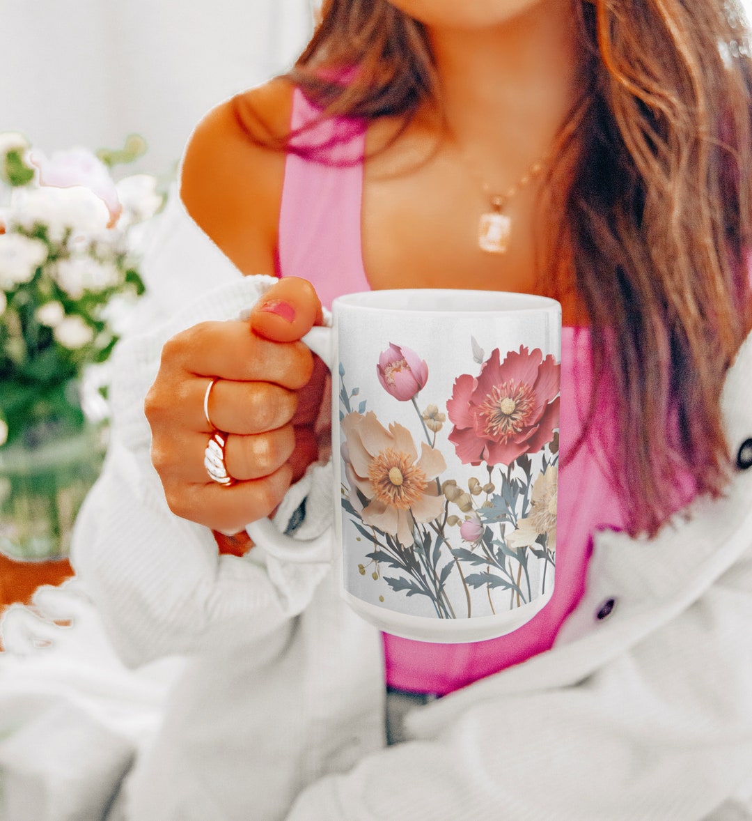 Pressed Flowers Mug, Boho Wildflowers Cottagecore Coffee Mug, Flower ...