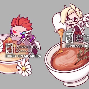May include: Two cartoon characters, one red and one blonde, are depicted pouring honey into teacups. The red character is labeled "Honey Creme Moira" and the blonde character is labeled "Espresso Doctor".