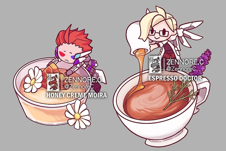 May include: Two cartoon characters, one red and one blonde, are depicted pouring honey into teacups. The red character is labeled "Honey Creme Moira" and the blonde character is labeled "Espresso Doctor".