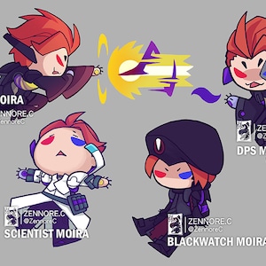 May include: Four different cartoon illustrations of Moira from the video game Overwatch. Each illustration depicts Moira in a different outfit and pose. The first illustration shows Moira using her ultimate ability. The second illustration shows Moira in her scientist outfit. The third illustration shows Moira in her Blackwatch outfit. The fourth illustration shows Moira in her DPS outfit.