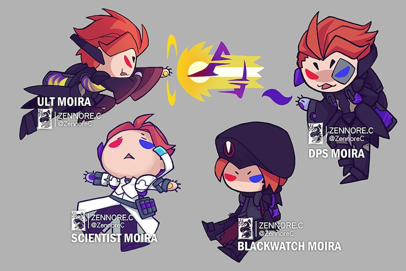 May include: Four different cartoon illustrations of Moira from the video game Overwatch. Each illustration depicts Moira in a different outfit and pose. The first illustration shows Moira using her ultimate ability. The second illustration shows Moira in her scientist outfit. The third illustration shows Moira in her Blackwatch outfit. The fourth illustration shows Moira in her DPS outfit.
