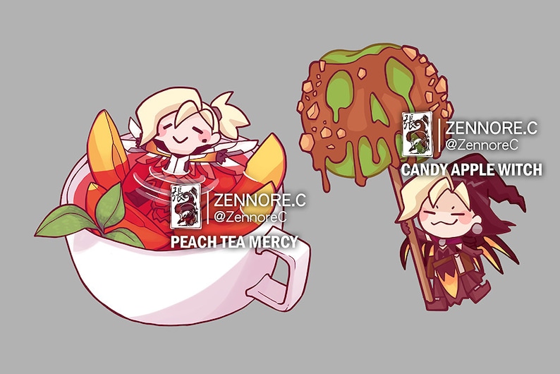 May include: Two illustrations of Overwatch characters as food. The first is a peach tea Mercy, with Mercy floating in a teacup with peach slices and tea. The second is a candy apple Witch, with a witch holding a candy apple with green apple and brown caramel.