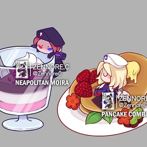 May include: Two cartoon characters, one with a black hat and the other with a white hat, are depicted as desserts. The character with the black hat is a Neapolitan ice cream sundae, while the character with the white hat is a stack of pancakes with strawberries and a dollop of butter. The text "ZennoRe.C @ZennoReC" appears on both images.