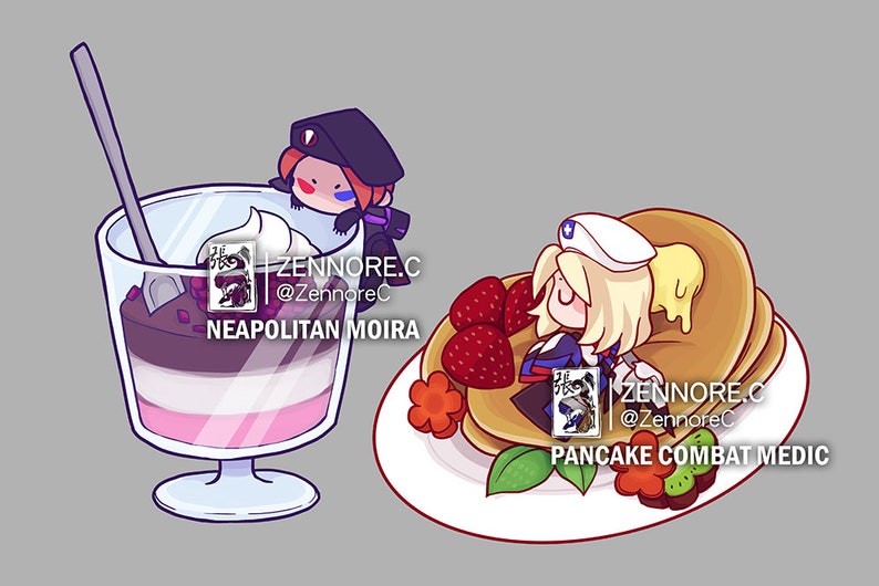 May include: Two cartoon characters, one with a black hat and the other with a white hat, are depicted as desserts. The character with the black hat is a Neapolitan ice cream sundae, while the character with the white hat is a stack of pancakes with strawberries and a dollop of butter. The text "ZennoRe.C @ZennoReC" appears on both images.
