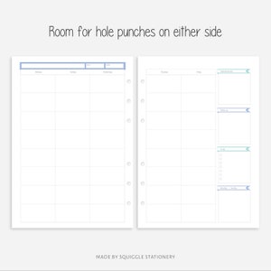 May include: A printable weekly planner page with a blue and white patterned header and a blank grid for scheduling. The page is designed for use with a disc bound planner and has room for hole punches on either side.