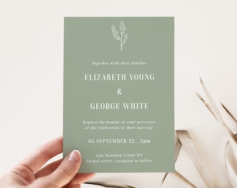 Einfache grüne Hochzeitseinladungs-Vorlage | Druckbare Hochzeit einladen | Angepasste Digitaler Download | Sofort bearbeitbare Vorlage