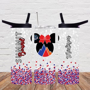 May include: Three white stainless steel tumblers with black lids and straws. The center tumbler has a black silhouette of Mickey Mouse ears with a red bow and a blue and orange mountain design inside the ears. The left tumbler has the text "SUMMIT Bound" in red and black. The right tumbler has the name "Madison" in black. All three tumblers have a red, white, and blue glitter design at the bottom.