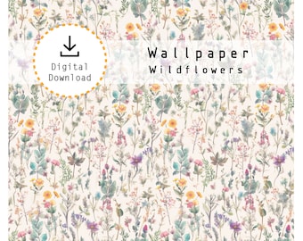 Papel de parede de flores silvestres para impressão em miniatura 1:12 em folha de 8,5 "x 11". Download digital em alta resolução jpg e pdf.