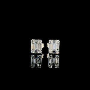 14K White Gold Baguette and Round Cut Stud Earrings, Emerald Cut Diamond Earrings, Minimalist Dainty Earring, Mini Baguette, Cluster Earring