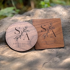 Personalized Wedding Favors & Place Cards, Wooden Coasters, Custom Engraved Gifts, Rustic Wood