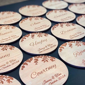 Eucalyptus Wedding Favours & Place Cards, Personalised Bomboniere, Wood Coasters, Custom Wooden Guest Gifts and Place Settings