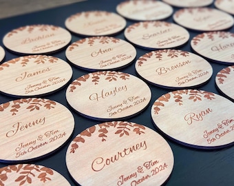 Eucalyptus Wedding Favours & Place Cards, Personalised Bomboniere, Wood Coasters, Custom Wooden Guest Gifts and Place Settings