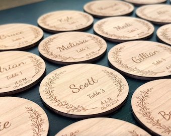 Wedding Favours & Place Cards, Personalised Bomboniere, Wood Coasters, Custom Wooden Guest Gifts and Place Settings
