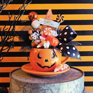 Trick or Treat Halloween Cup And Saucer With Vintage Irish Pixie Elf Sitter