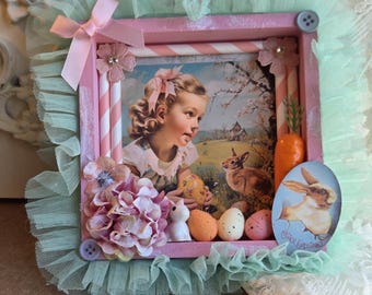 Vintage Inspired Easter Bunny And Girl Shadow Box Assemblage